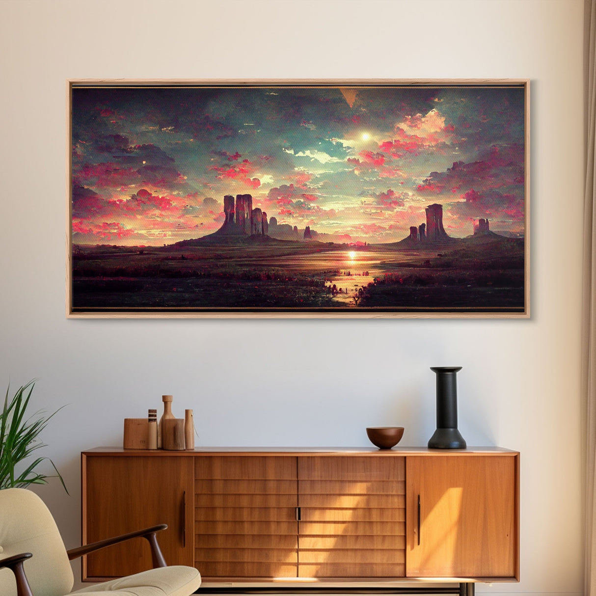 Mountain Sunset Oil Painting Canvas Print, Ready to hang gallery wrapped nature canvas print, synthwave style nature art