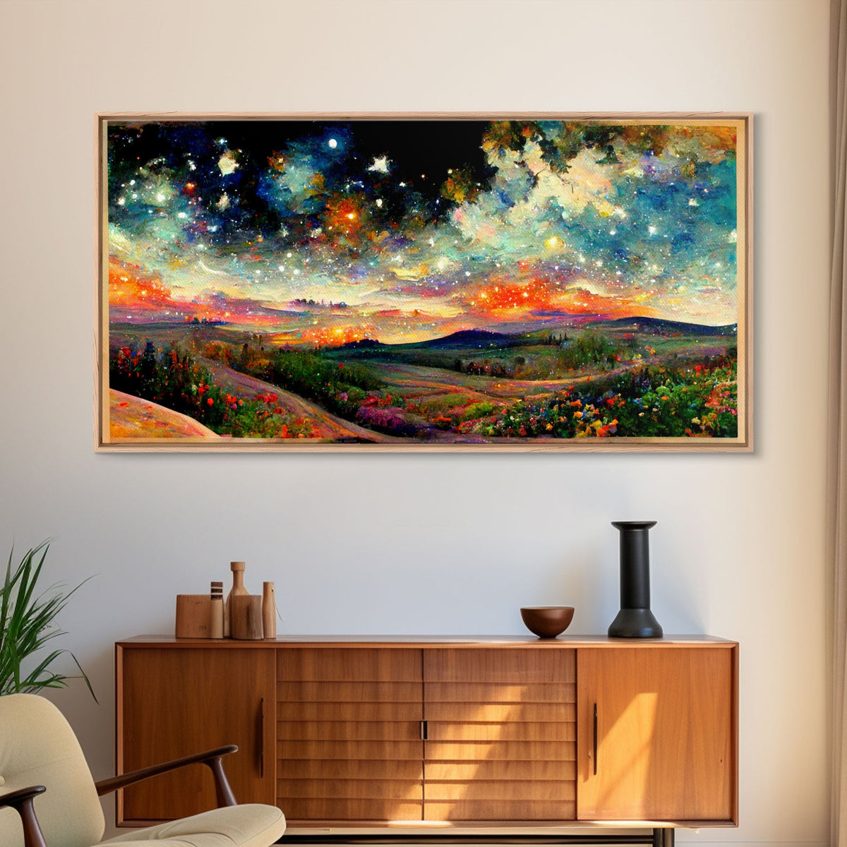 Night Starry Sky Landscape Framed Canvas Print, Colorful Night Sky Painting Nature Painting Living Room Wall Art Spiritual Starry Painting