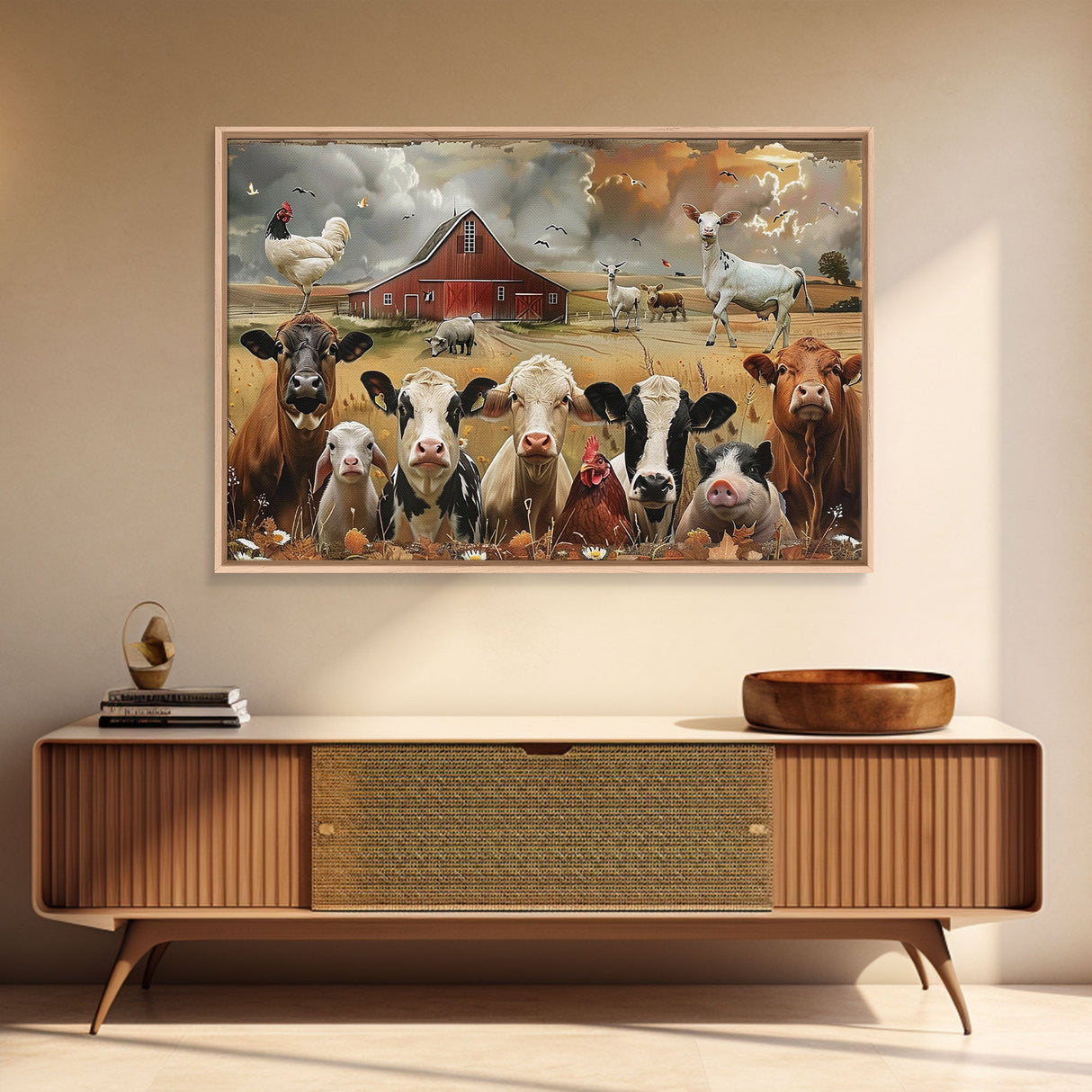 Kitsch Farmhouse Wall Art, Cute Farm Animals On A Fence, Cow Art, Pig Print, Red Barn Wall Art, Wood Framed Art