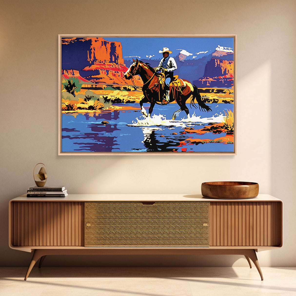 Crossing The Colorado River, Framed Canvas Print, Kitsch Western Wall Art, Colorful Western Painting Original Artwork, Pop Art Painting