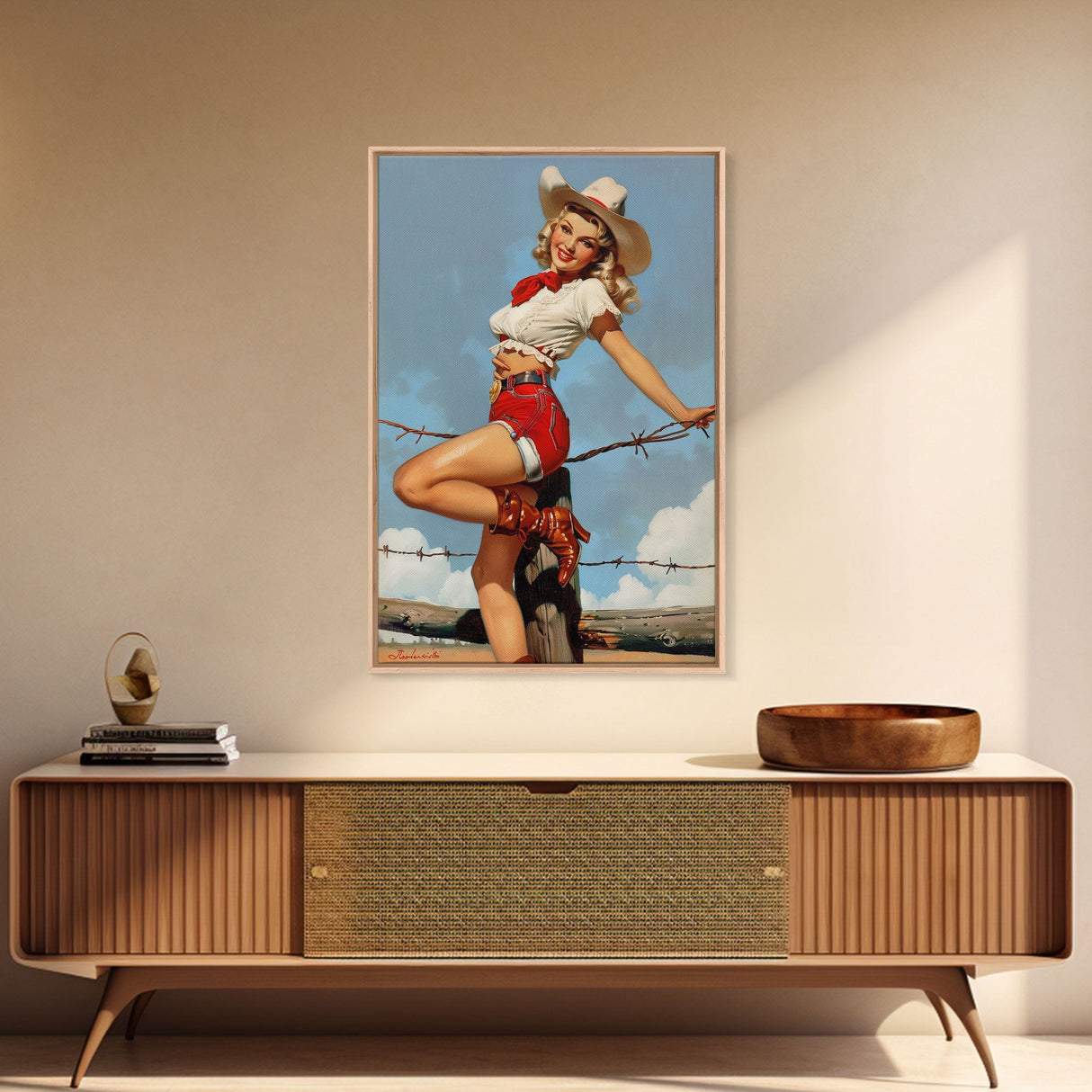 Vintage Cowgirl Pin-Up Art Print, Retro Western Framed Canvas, Classic Pin-Up Girl in Cowboy Hat and Boots, Unique Wall Decor
