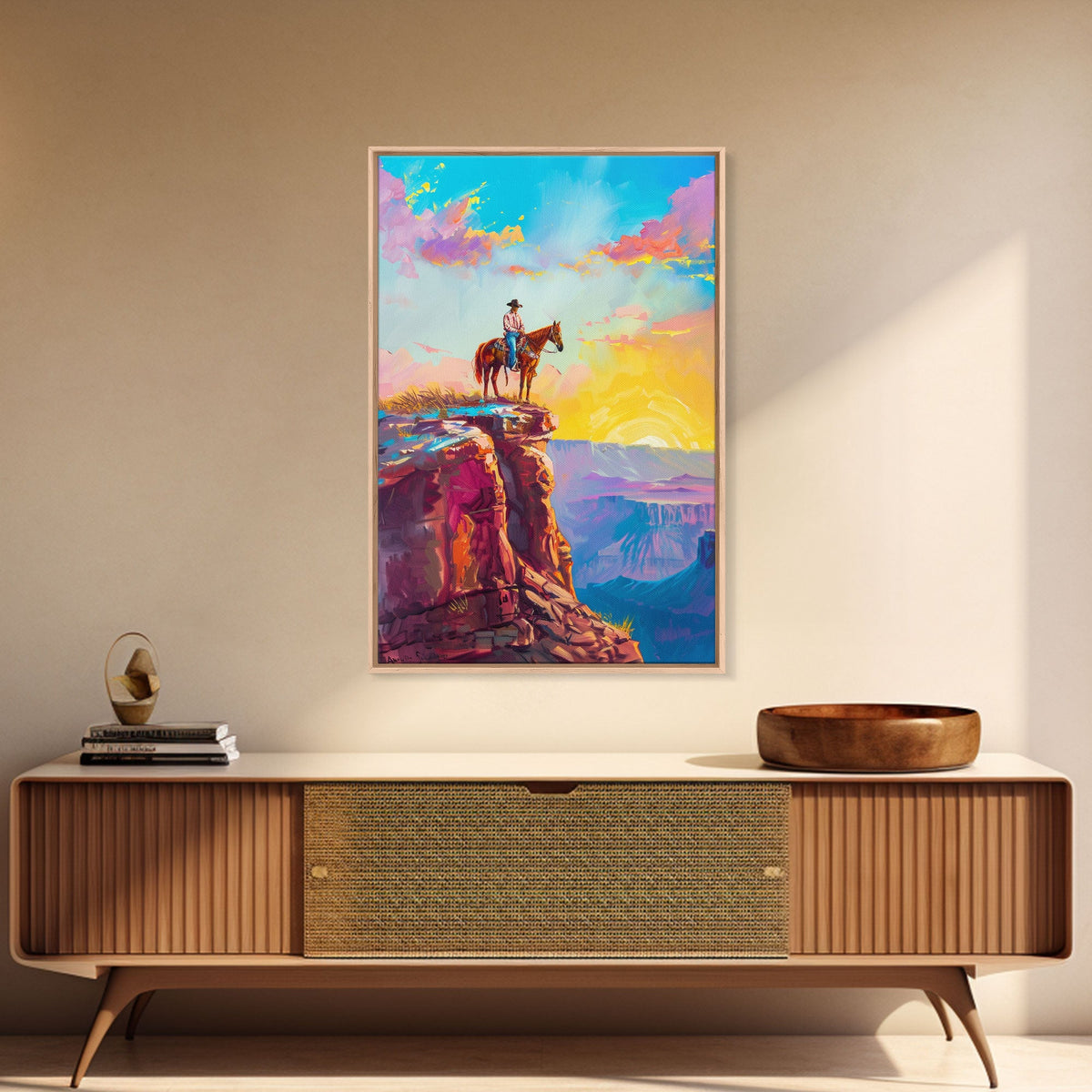 Cowboy on Cliff Edge at Sunrise - Colorful Western Landscape Painting, Framed Canvas Print, Sunrise Wall Art, Living Room Decor