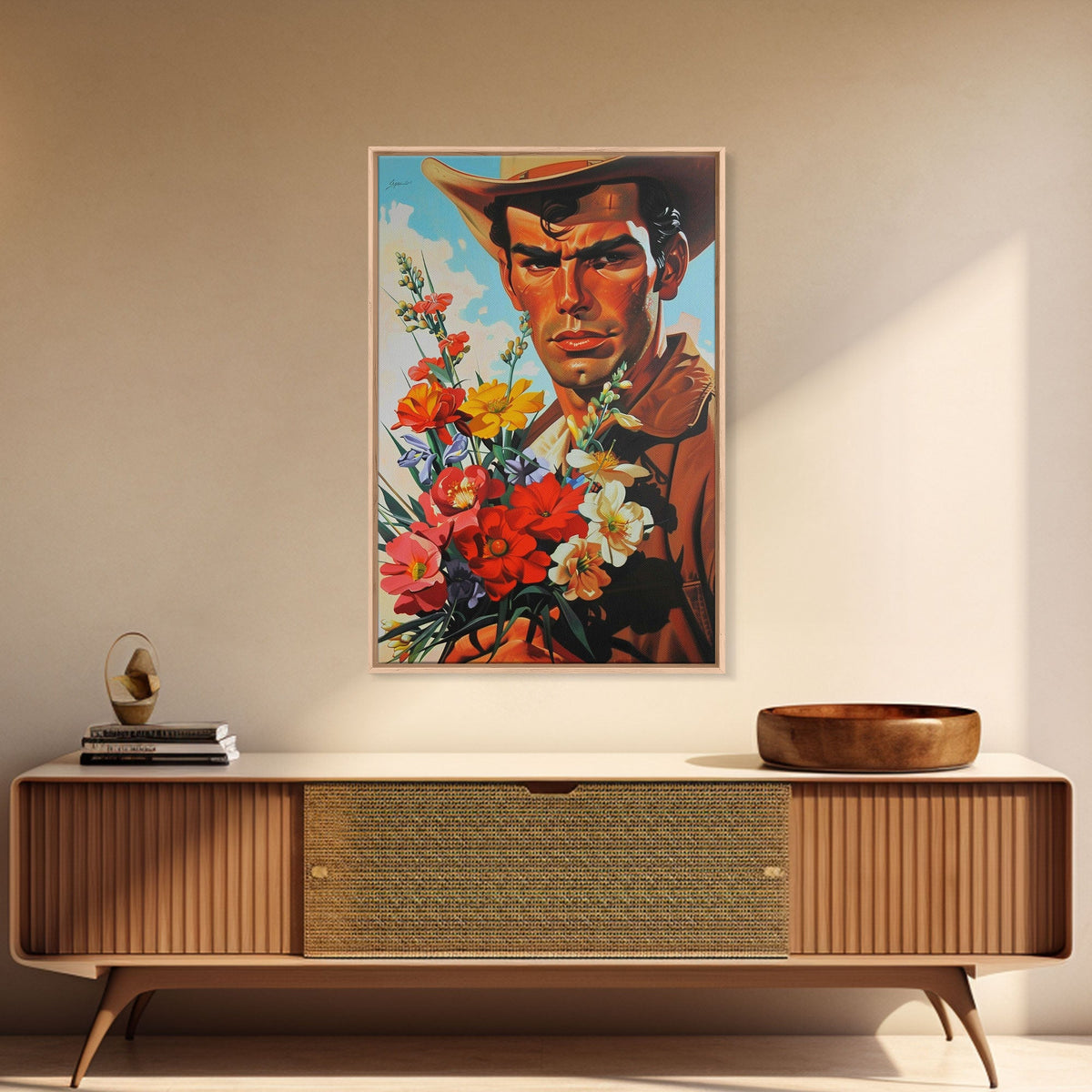 Cowboy with Bouquet of Flowers - Framed Canvas Print, Western Living Room Art, Rustic Bedroom Decor, Americana Art, Wall Art