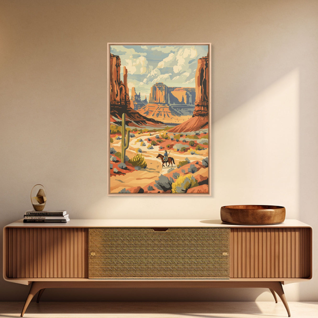 Cowboy in Southwestern Desert Landscape - Framed Canvas Print, Western Wall Art, Desert Scene Art, Cactus Decor for Living Room