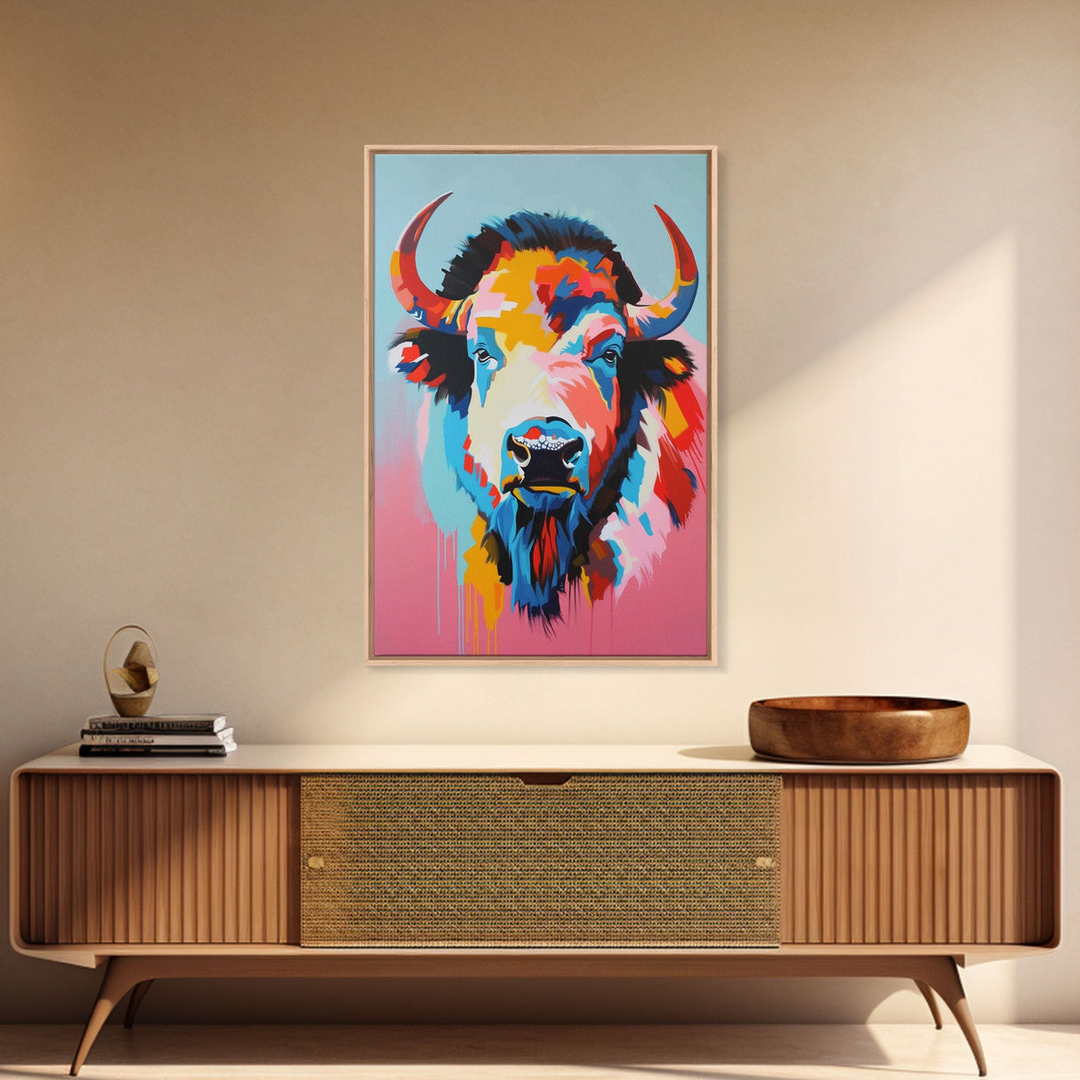 Colorful Bison Head in Pop Art Style - Framed Canvas Print, Animal Decor, Bison Art for Bedroom, Vibrant Wall Art for Living Room