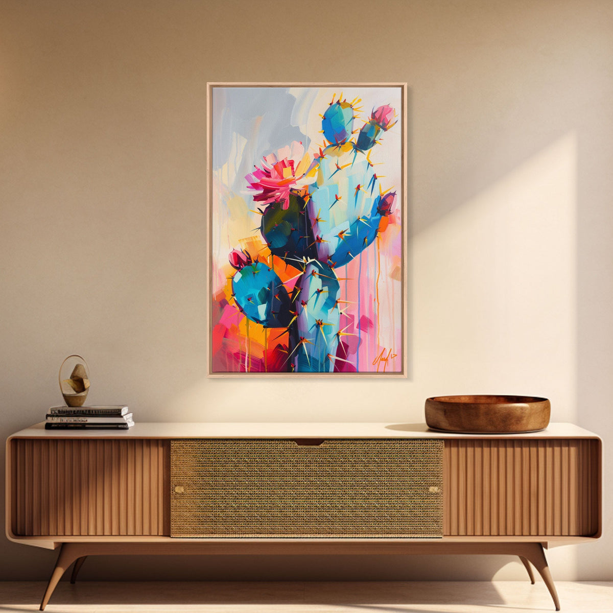 Flowering Cactus Framed Canvas Print - Desert Plant Wall Art, Living Room Decor, Modern Artwork, Unique Succulent Art for Bedroom and Office