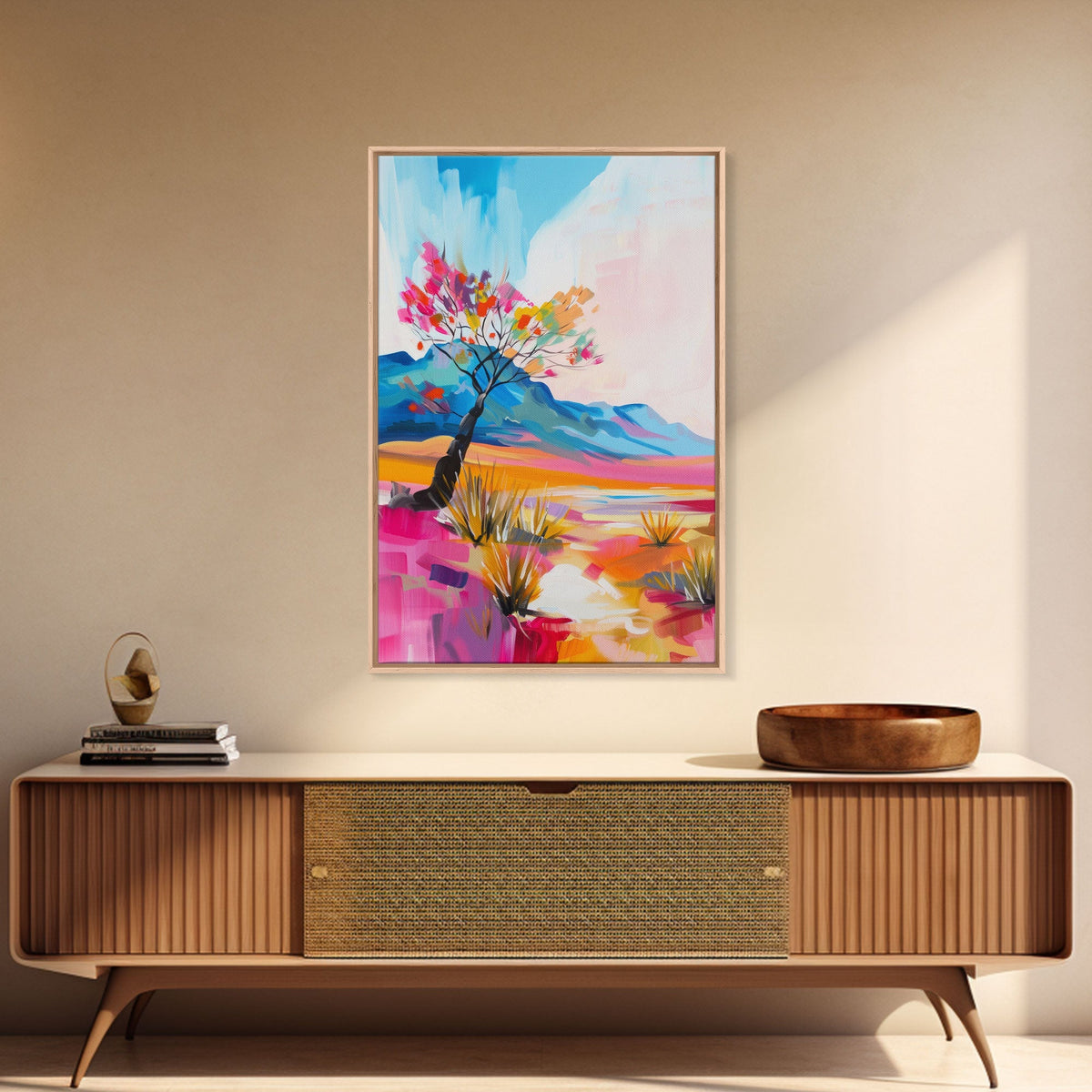 Bright Desert Tree Art - Framed Canvas Print, Southwestern Decor, Colorful Living Room Wall Art, Modern Desert Landscape