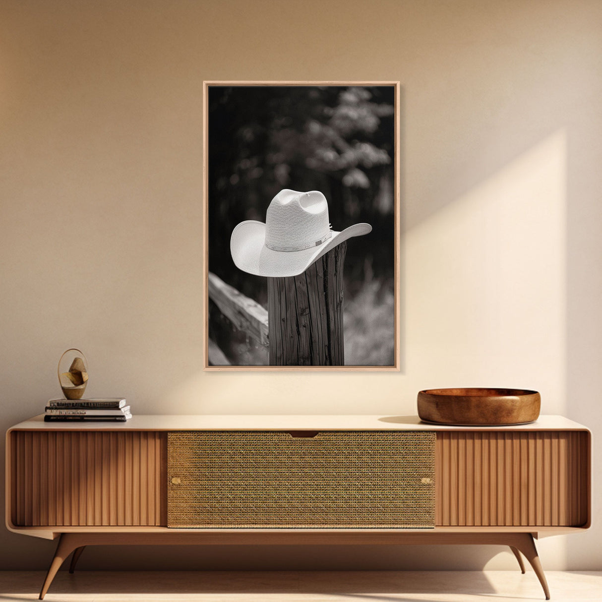 Cowboy Hat on a Wooden Fence Post in Rustic Black and White Photography for Western Home Decor, Canvas Prints, Wall Art for Living Room