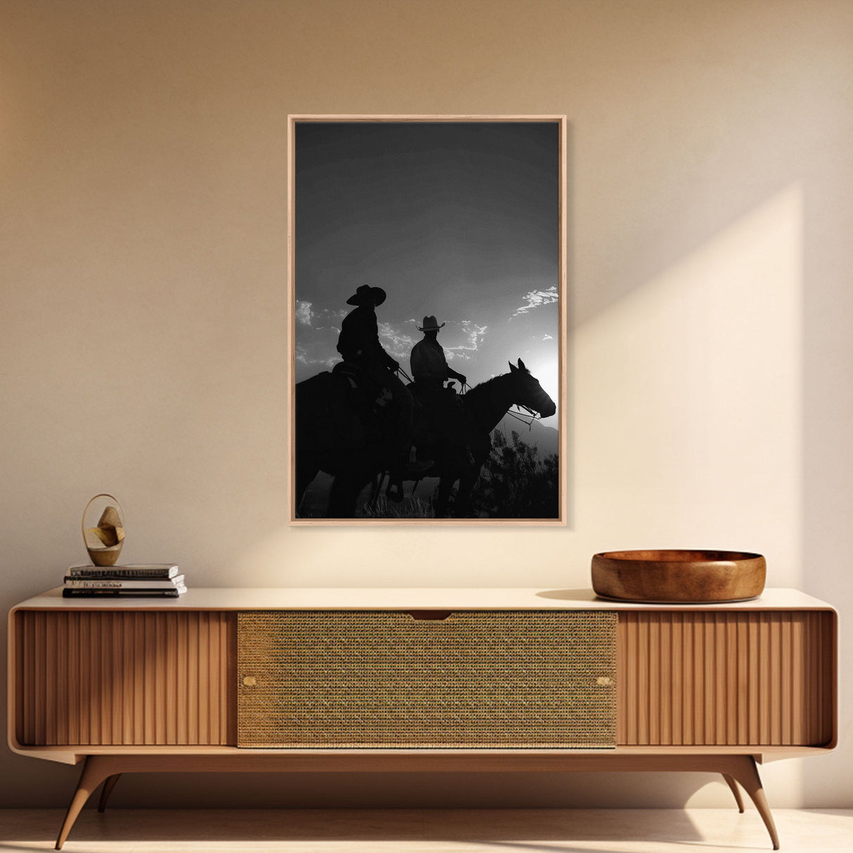 Two Cowboys Riding at Sunset in a Serene Black and White Western Landscape for Wall Art, Canvas Prints, Home Decor, Living Room Art