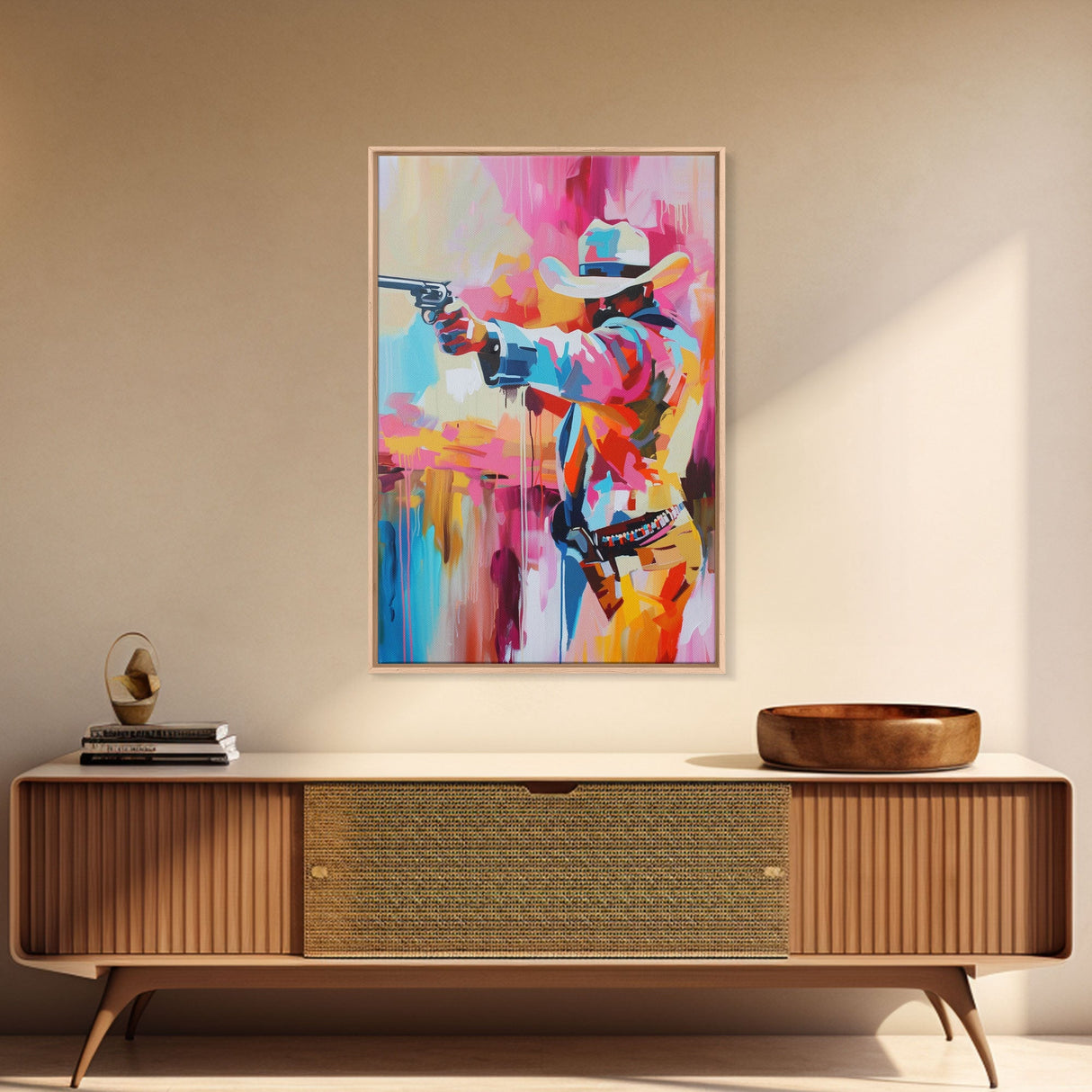 Dynamic Cowboy with Gun - Framed Canvas Print, Action-Packed Western Art, Bold Cowboy Wall Art for Living Room Decor