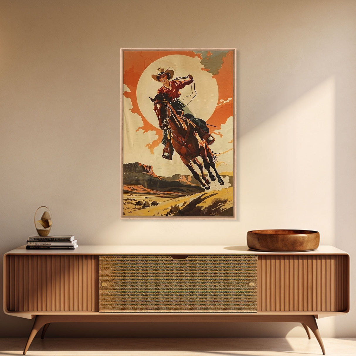 Spirited Cowgirl Racing Horse in Desert | Framed Canvas Print | Western Wall Art | Living Room Decor | Rustic Home Decor