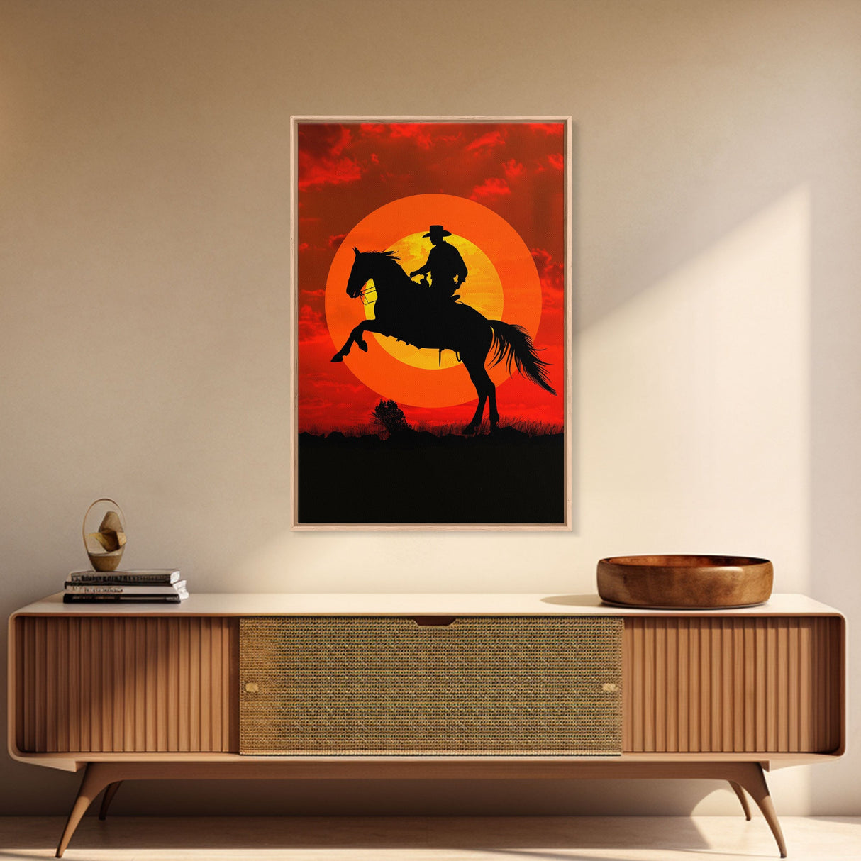 Cowboy on Horse with Dramatic Sunset Background | Framed Canvas Print | Western Silhouette Art | Sunset Cowboy Wall Art for Bedroom