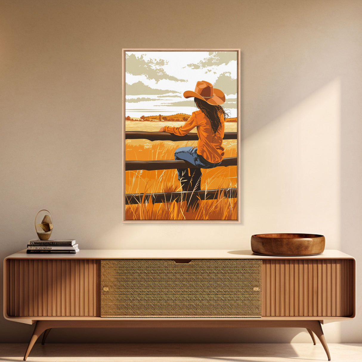 Contemplative Cowgirl on Fence Framed Canvas Print - Serene Western Decor, Country Wall Art for Living Room, Bedroom Artwork