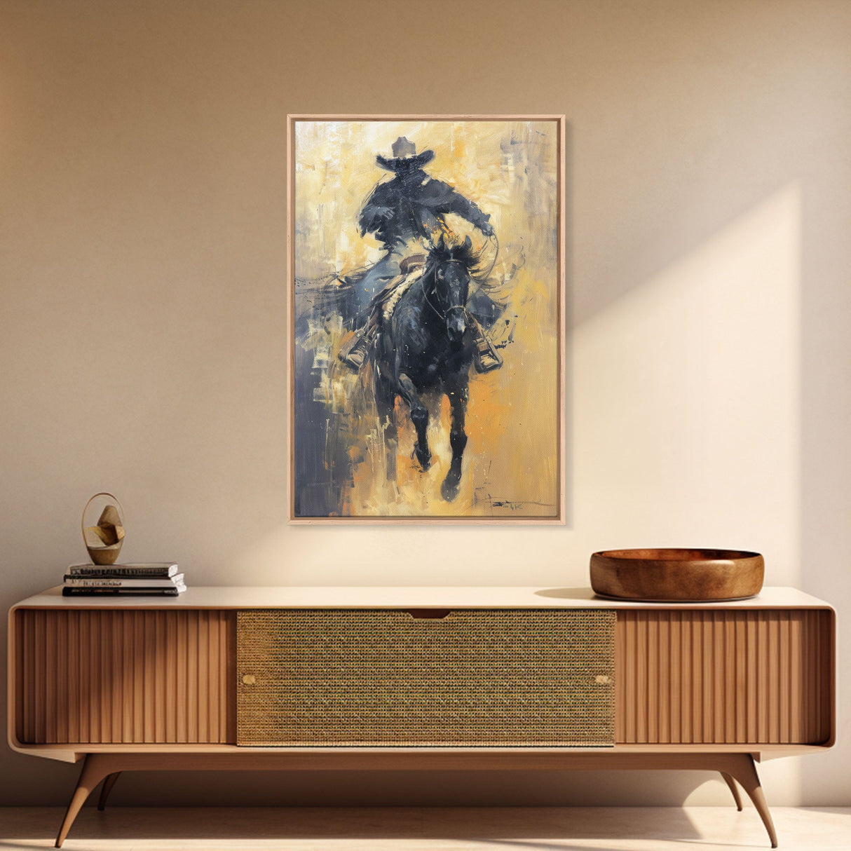 Dynamic Cowboy on Horseback Framed Canvas Print - Energetic Western Decor, Action Wall Art for Living Room, Bedroom