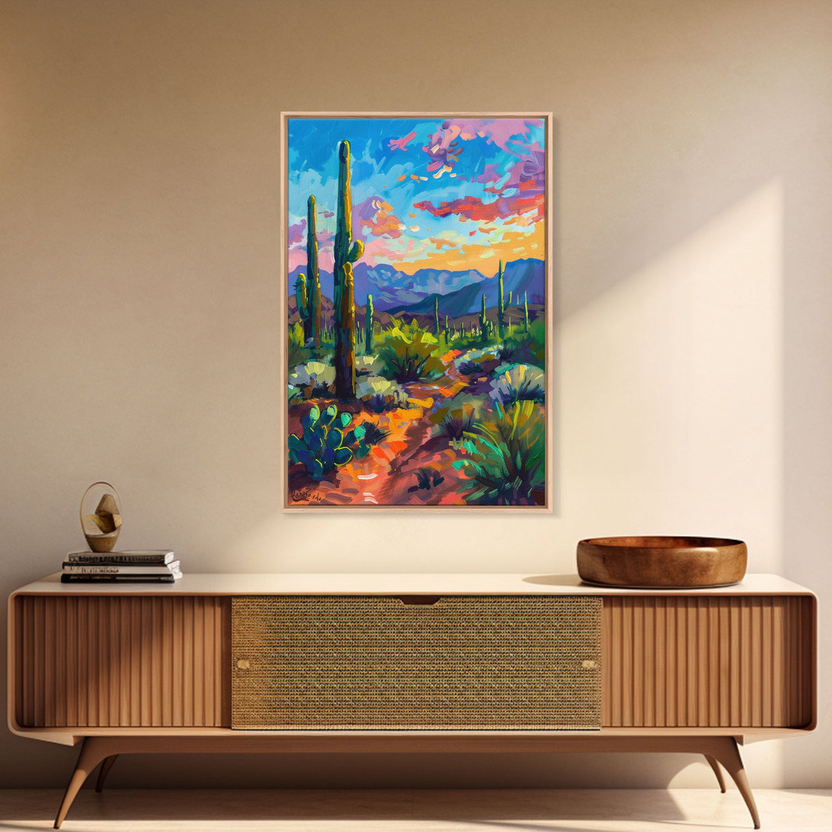 Framed Canvas Print, Cactus and Desert Path Wall Art, Vibrant Southwest Landscape for Living Room or Bedroom, Nature Art Poster Piece