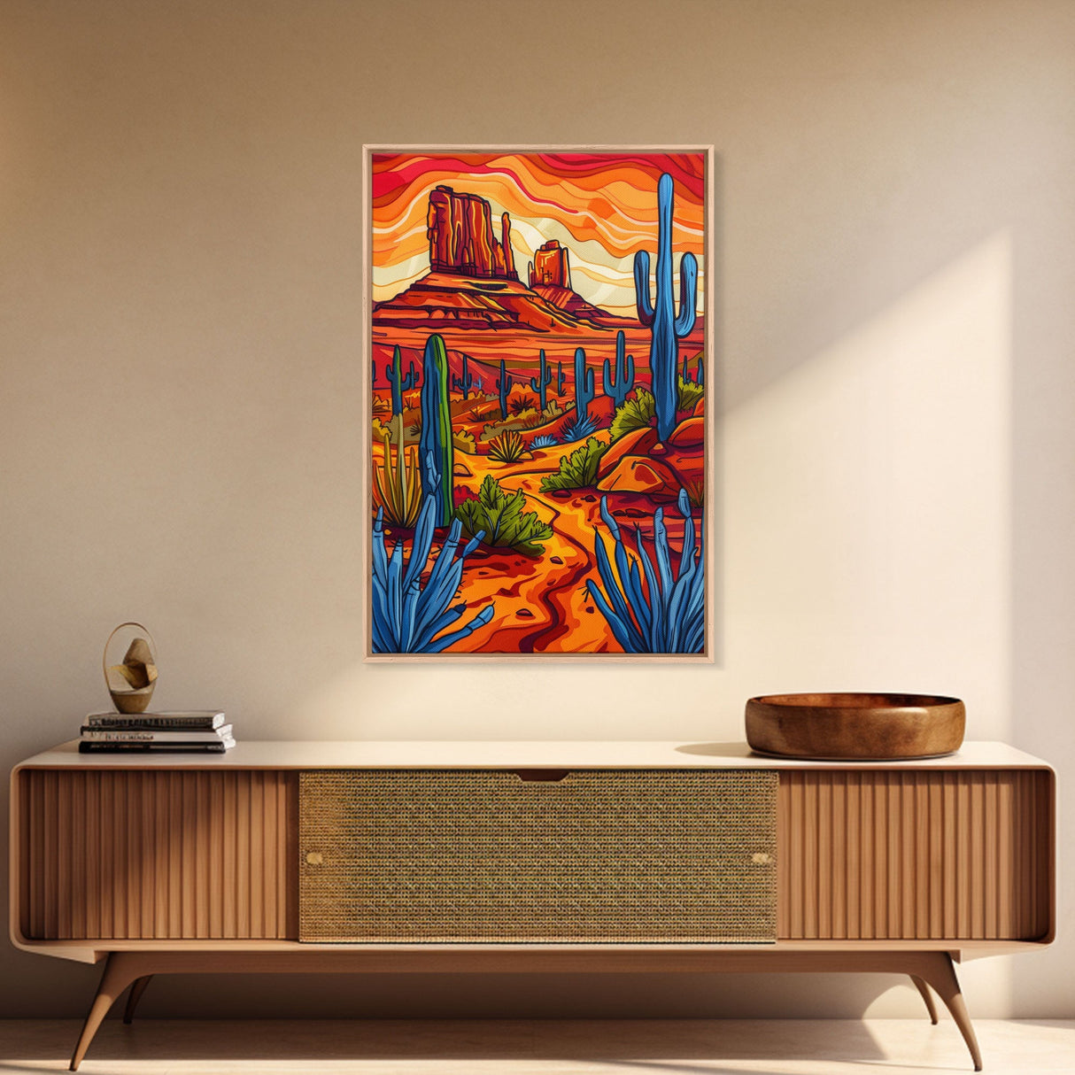 Framed Canvas Print, Vibrant Desert Scene with Cacti and Mesas, Perfect Southwest Wall Art for Living Room or Bedroom Decor