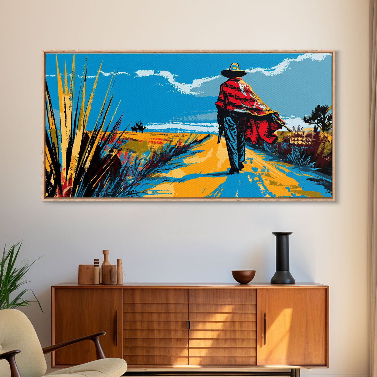 Cowboy Walking Down Desert Road, Perfect Minimalist Art, Framed Canvas Print, Boho Living Room Decor, Western Home Decoration