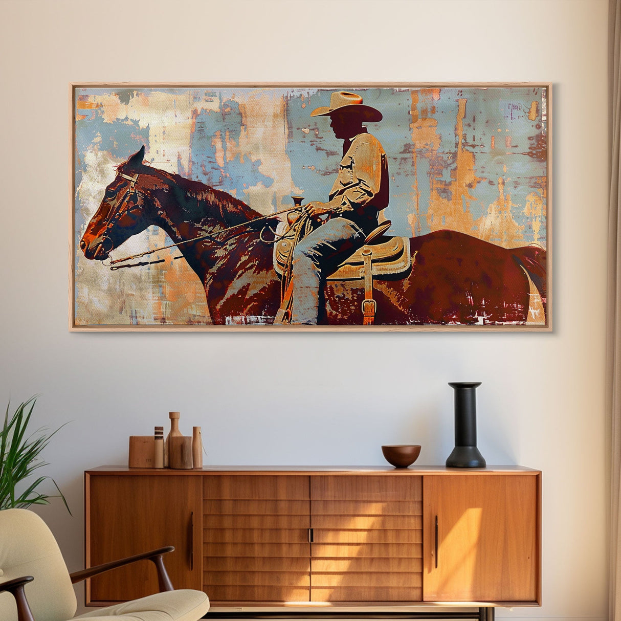 Cowboy on Horseback, Textured Background, Modern Living Room Art, Framed Canvas Print, Rustic Home Decoration, Boho Wall Art