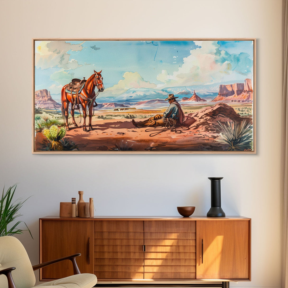 Cowboy Resting with Horse in Desert Landscape, Classic Western Art, Framed Canvas Print, Rustic Wall Decor, Living Room Decoration