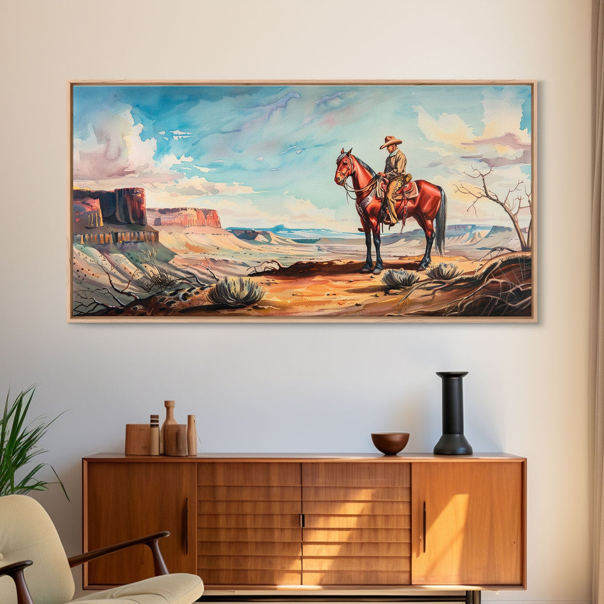 Cowboy on Horse Overlooking Canyon, Majestic Western Art, Framed Canvas Print, Boho Wall Art, Living Room Decor, Home Decoration