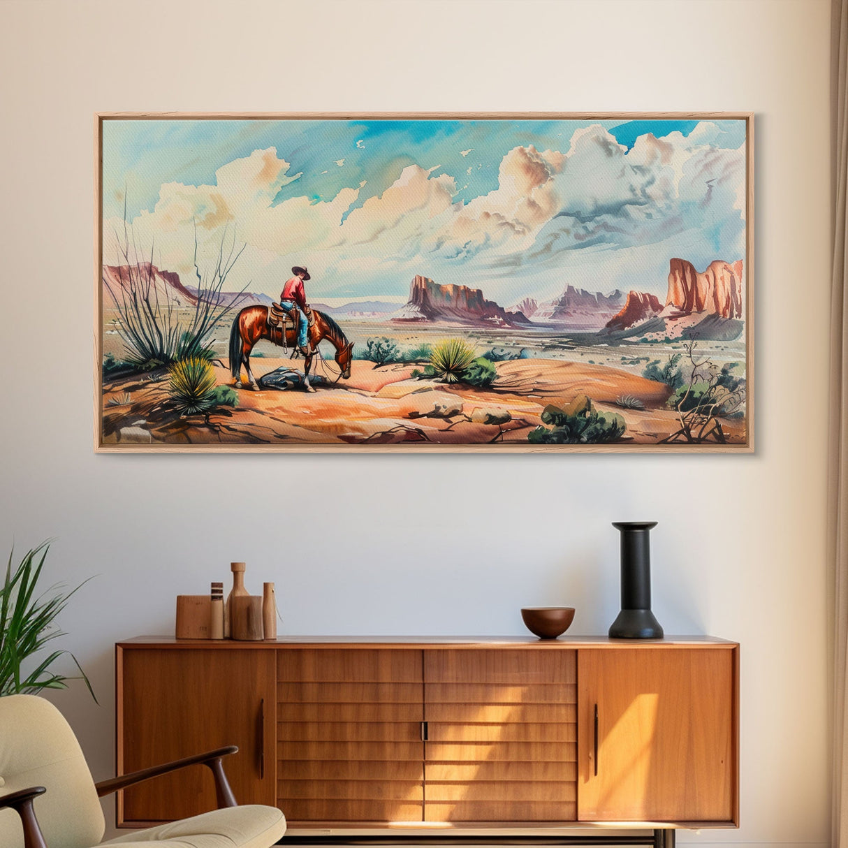 Cowboy Gazing Over Expansive Desert, Boho Western Landscape Art, Framed Canvas Print, Living Room Wall Decor, Rustic Country Style