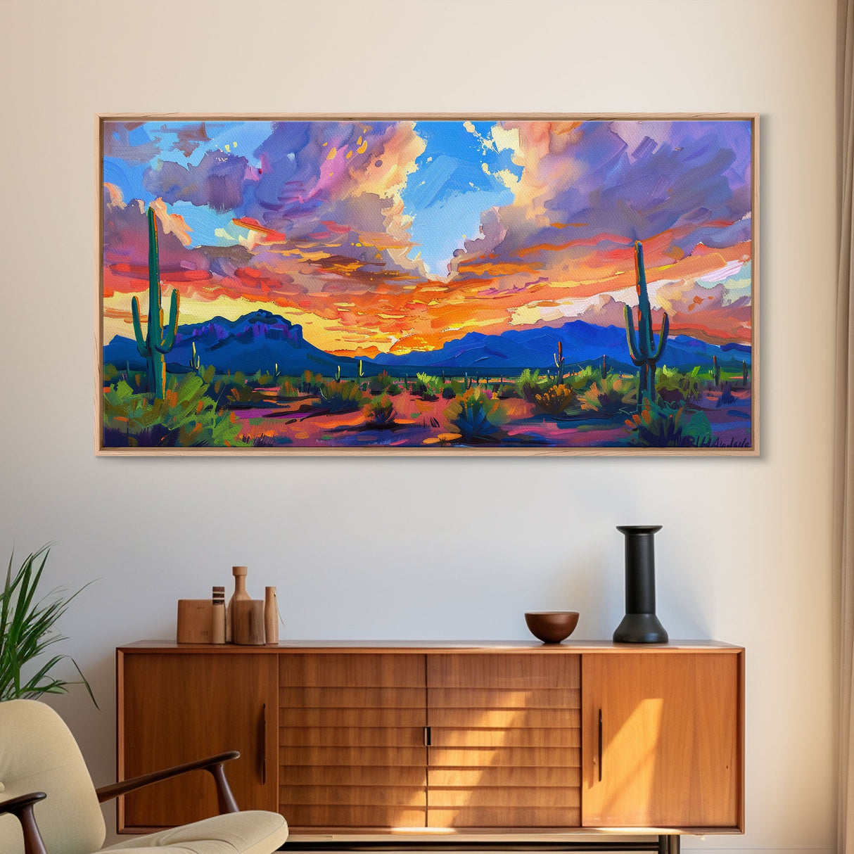 Stunning Desert Sunset with Cacti Silhouettes, Framed Canvas Print for Bedroom Art, Great for Boho and Southwestern Decor