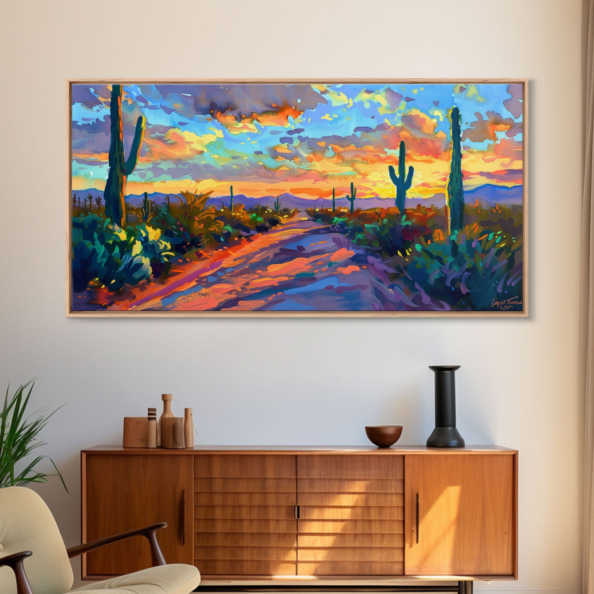 Majestic Desert Sunset Over Mountains, Framed Canvas Print for Bedroom Art, Ideal for Southwestern and Boho Decor