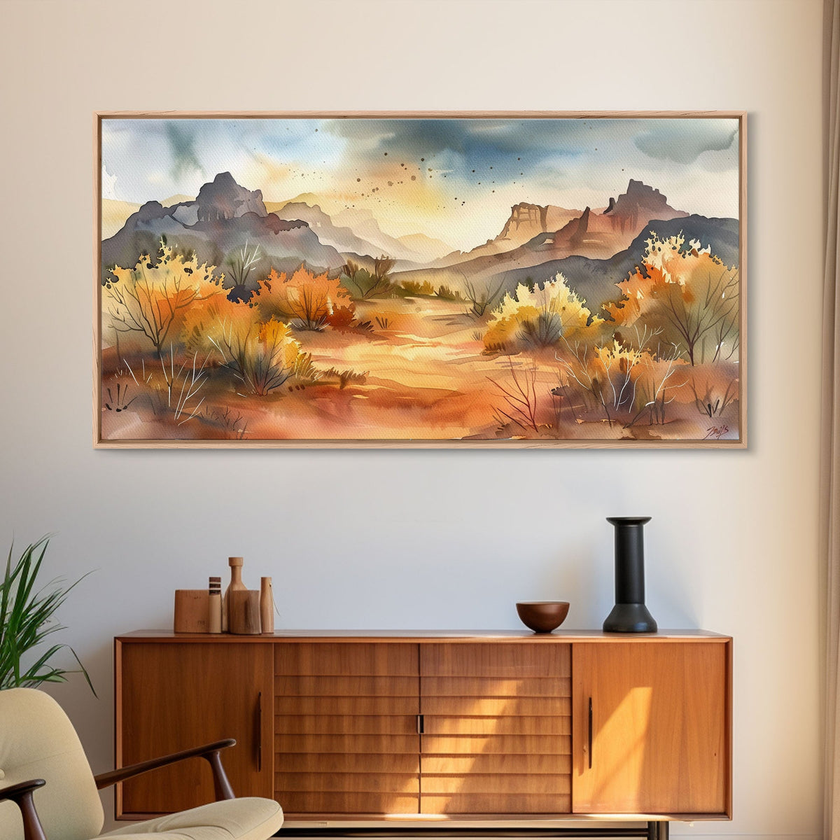 Serene Desert Landscape with Mountains and Sunlit Sky, Perfect Framed Canvas Print for Living Room, Boho Wall Art, Nature Decor