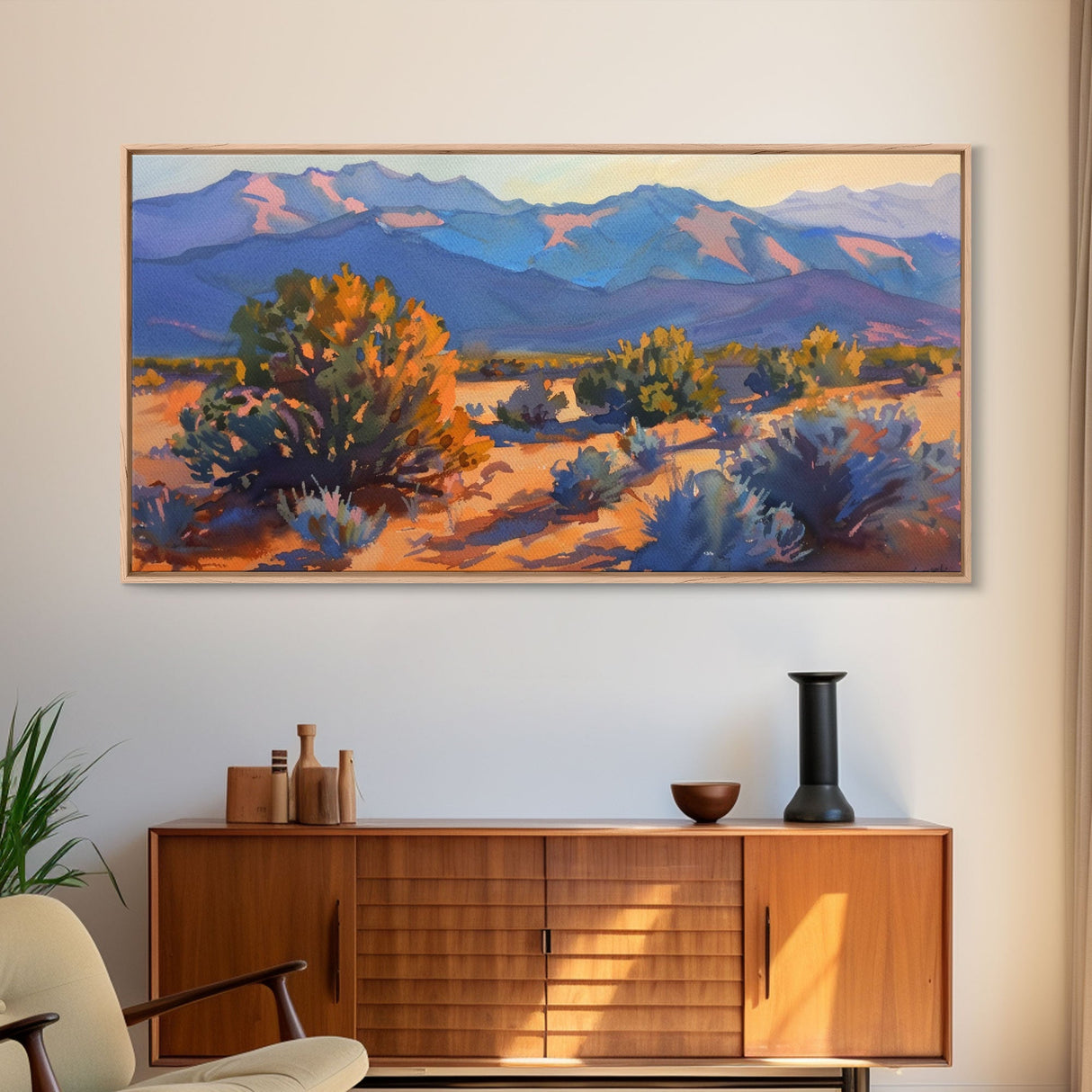 Serene Desert Landscape with Mountains, Beautiful Living Room Art, Framed Canvas Print, Farmhouse Style, Rustic Wall Decor
