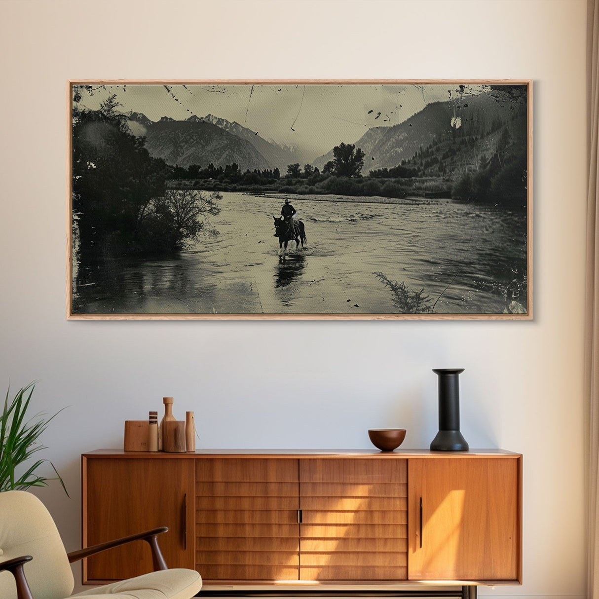 Cowboy Crossing River with Mountains, Framed Canvas Print for Western Living Room Decor, Ideal Bedroom Wall Art, Rustic Scene