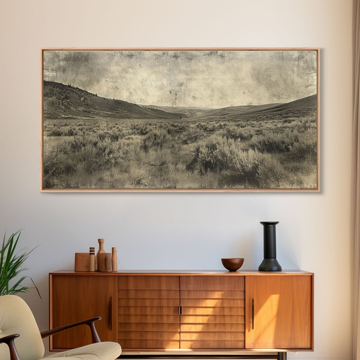 Expansive Desert Landscape with Rolling Hills Framed Canvas Print for Farmhouse Bedroom Wall Art Rustic Home Decoration, Scenic Nature Scene