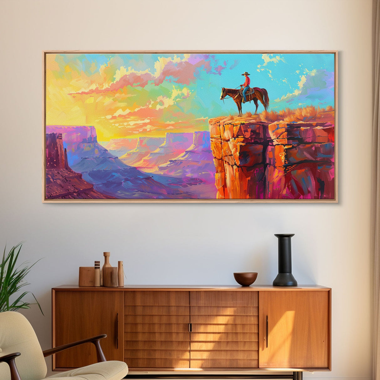 Cowboy on Horse Overlooking Canyon Sunset, Farmhouse Style Framed Canvas Print for Living Room Wall Art, Vibrant Home Decor, Western Scene