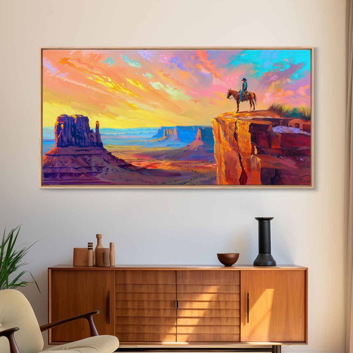 Cowboy with Horse on Cliff Edge, Farmhouse Style Framed Canvas Print for Living Room Wall Art, Vibrant Home Decor, Western Scenic Art