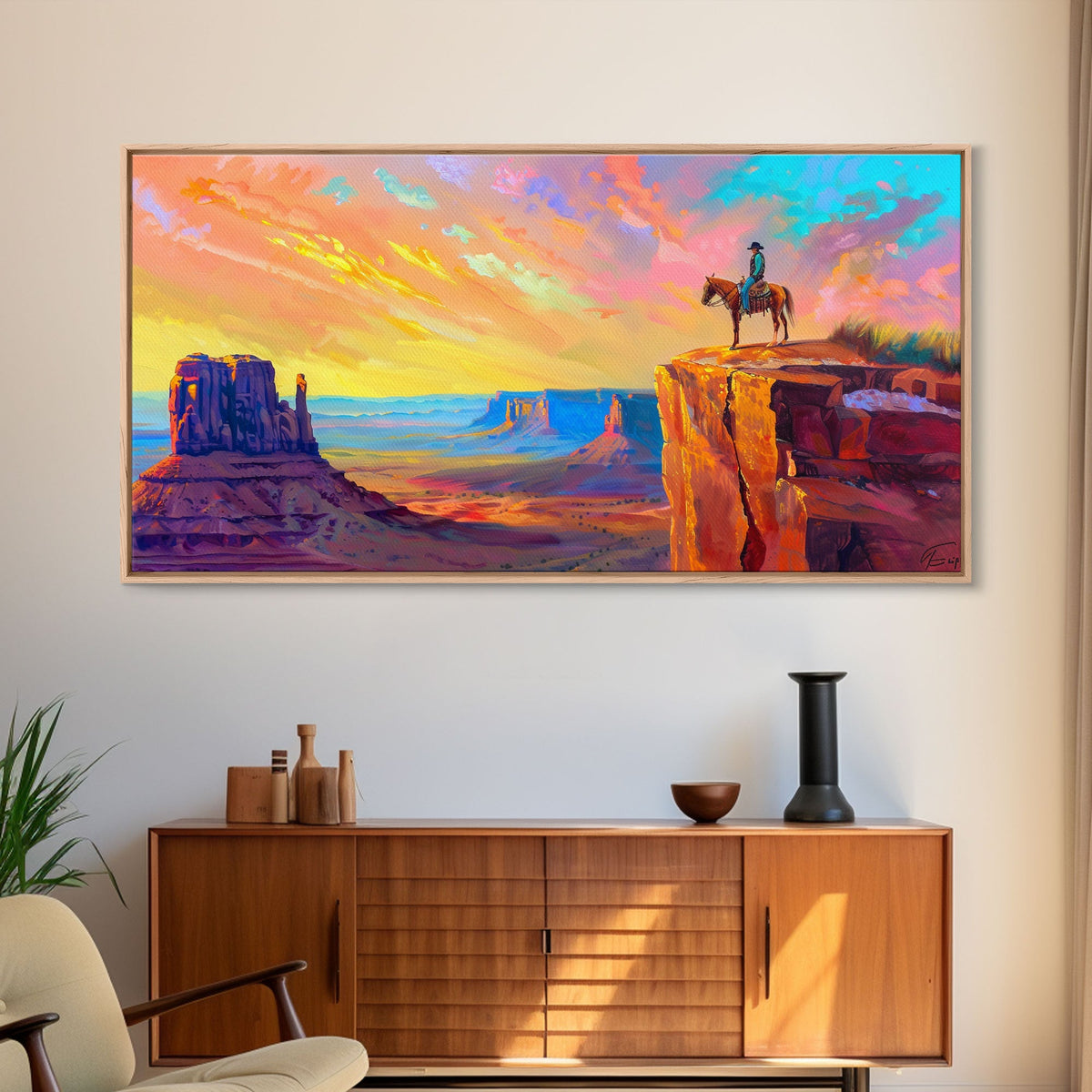Cowboy with Horse on Cliff Edge, Farmhouse Style Framed Canvas Print for Living Room Wall Art, Vibrant Home Decor, Western Scenic Art
