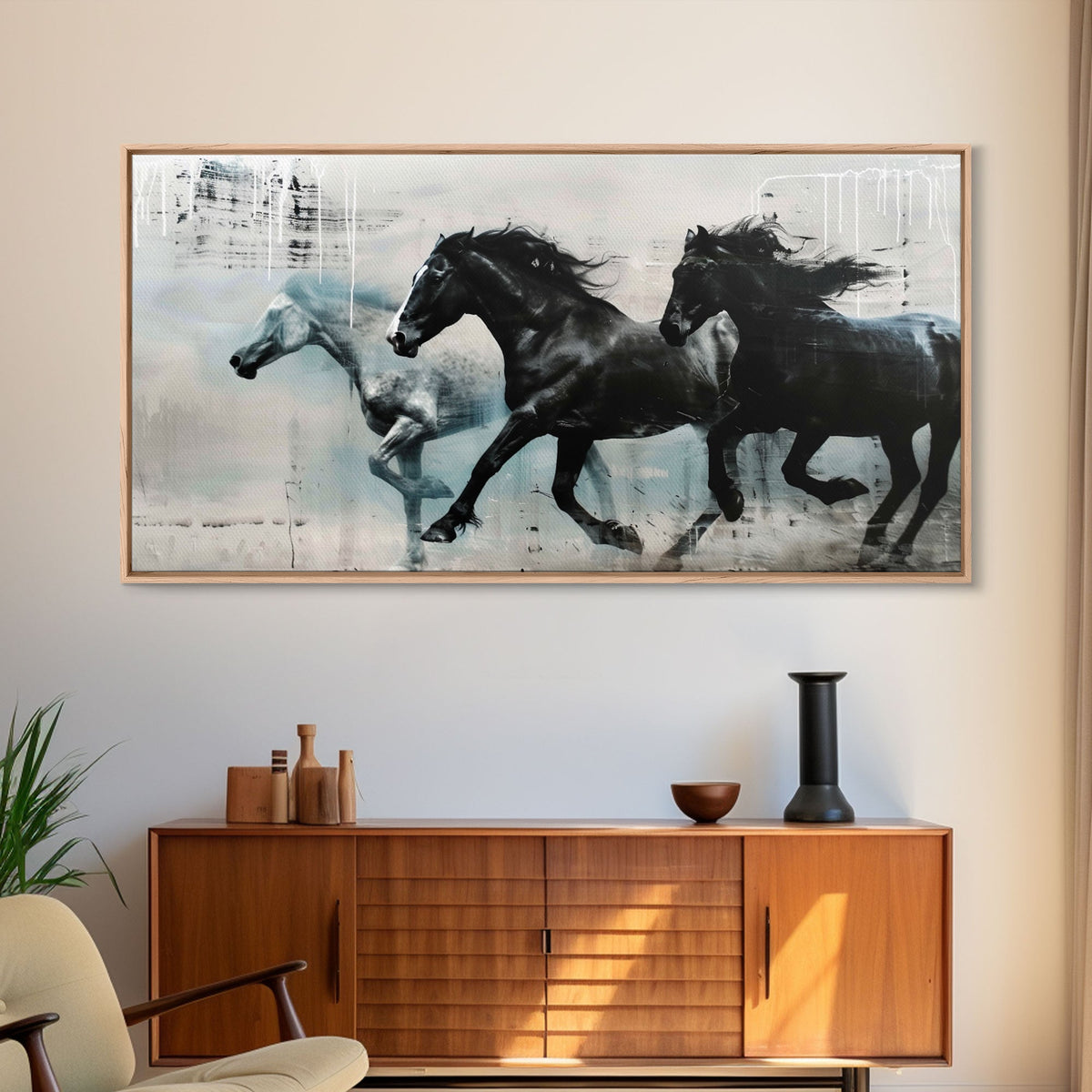 Galloping Horses in Monochrome Abstract Landscape, Perfect Wall Art, Framed Canvas Print for Living Room or Bedroom Decor, Equestrian Art