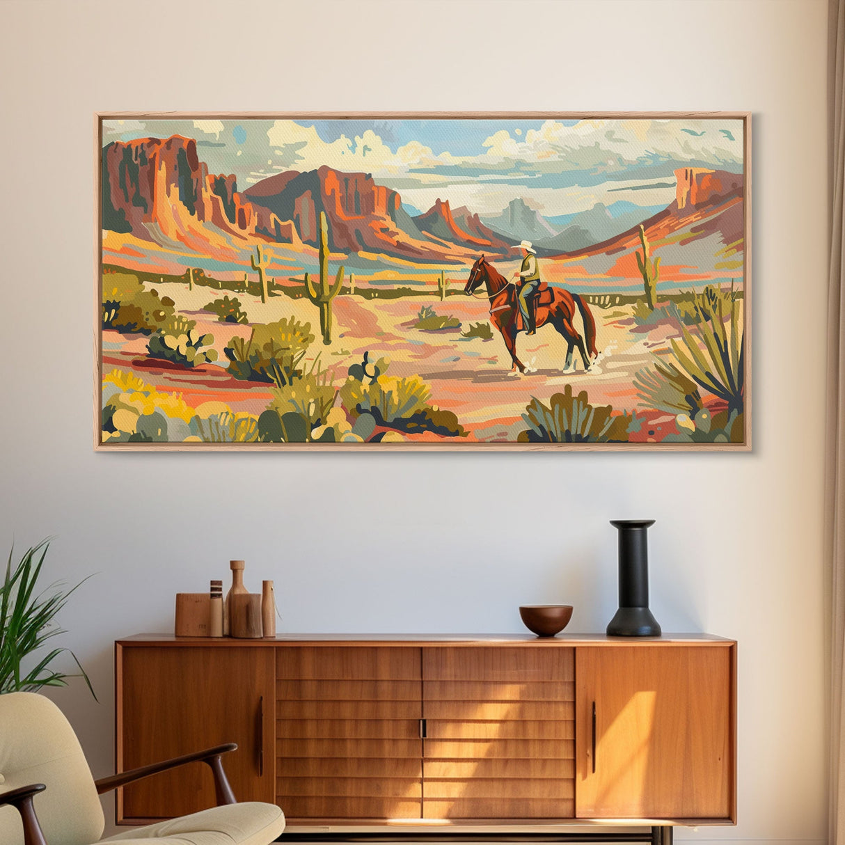 Serene Desert Scene with Cowboy, Ideal for Living Room Art, Framed Canvas Print, Bedroom Decor, Home Decoration, Southwestern Decor