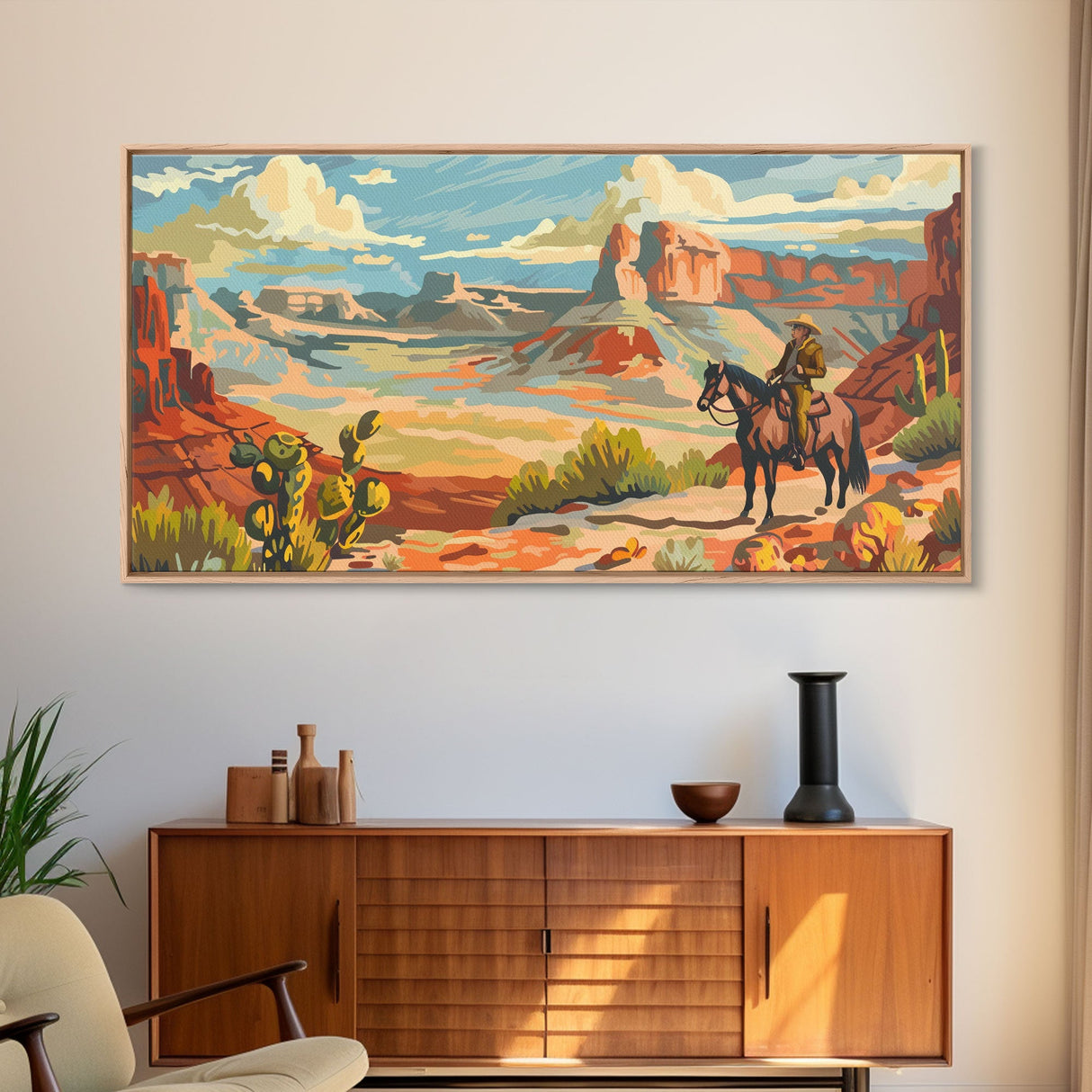 Cowboy Riding through Canyon, Framed Canvas Print for Rustic Living Room Decor, Western Art for Home and Bedroom Decoration