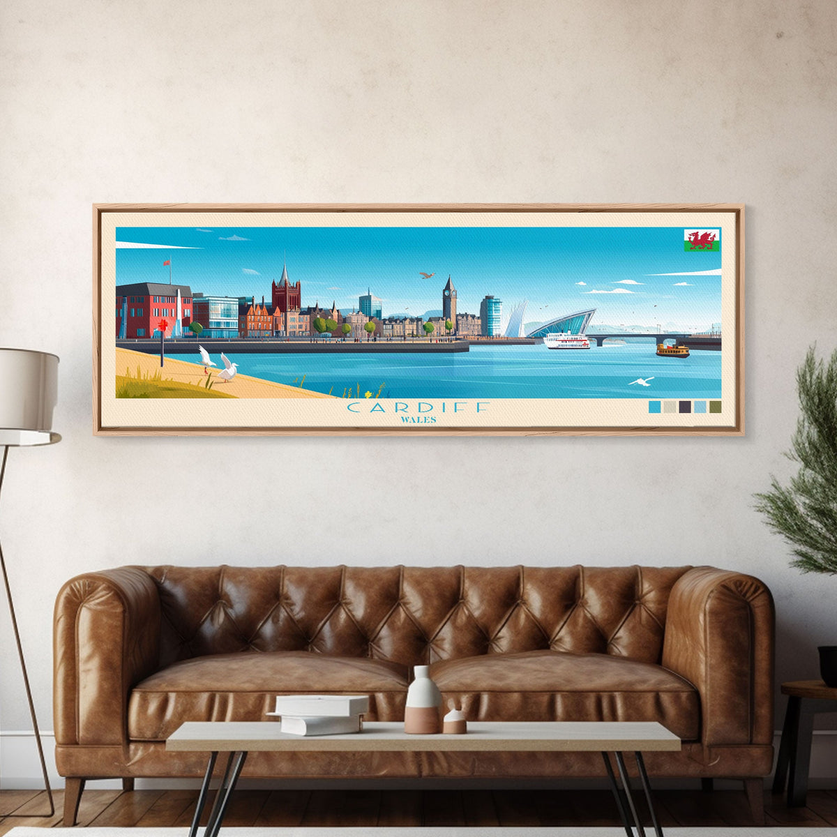 Cardiff, Wales Travel Poster Panoramic Canvas Print, Cardiff, Wales Painting, Wales Art, Cardiff Travel Art, Guest Room Painting
