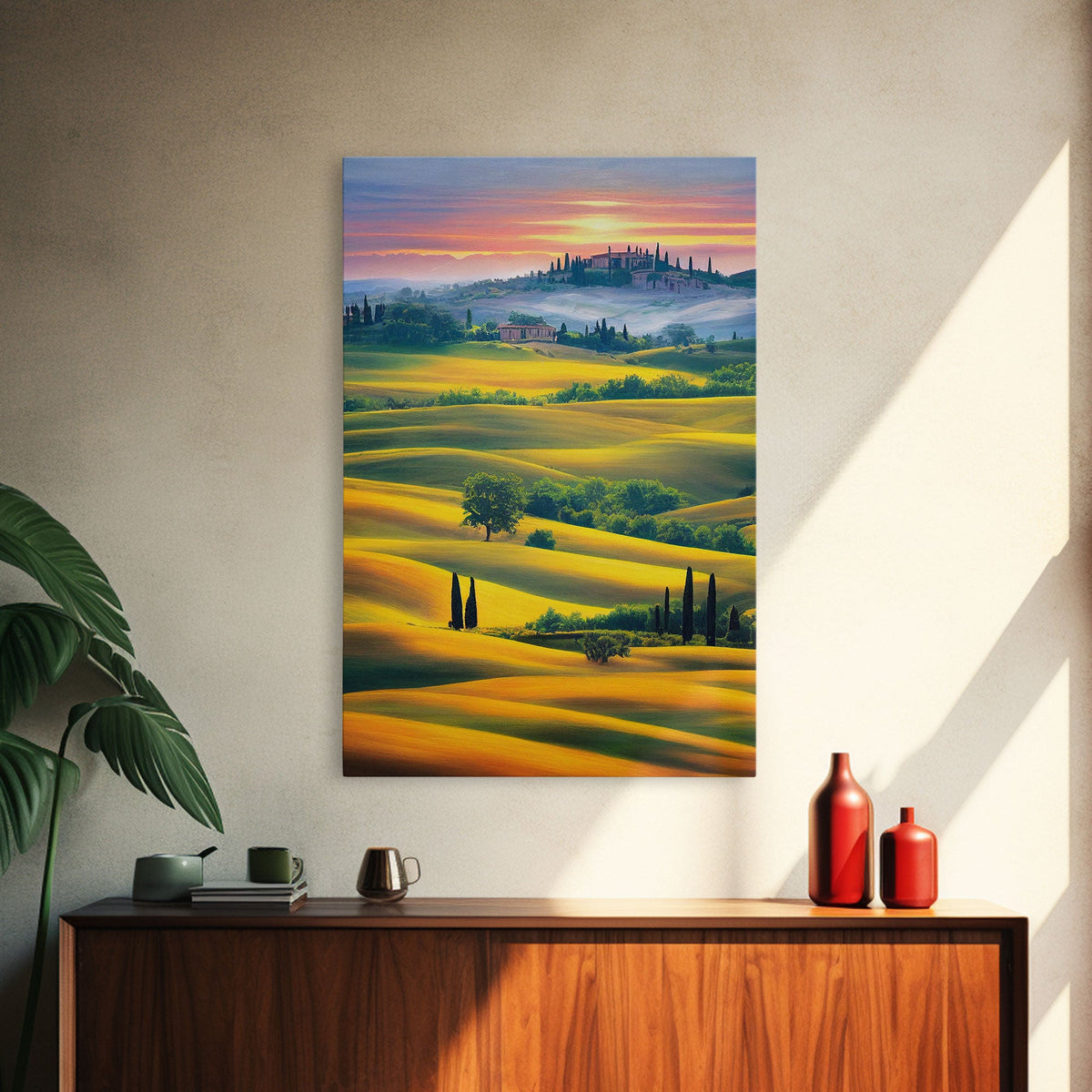 Italian Countryside at Sunset, Italy Art, Framed Canvas Print, Ready To Hang Framed Wall Art, Living Room Wall Hanging