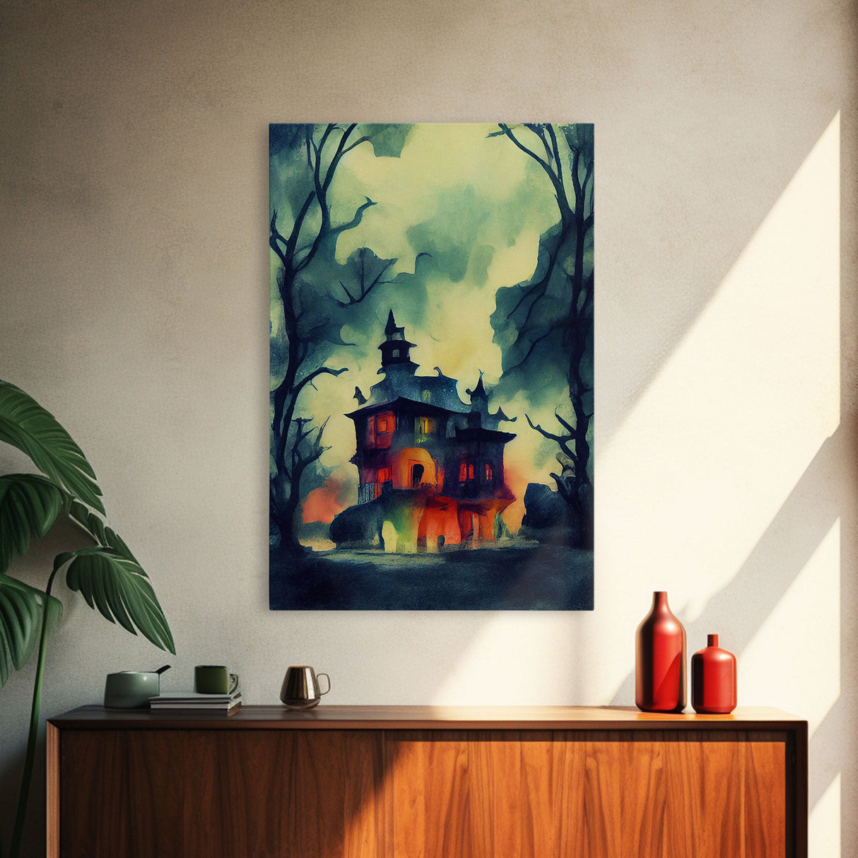 Spooky Watercolor of a Haunted House, Halloween Art, Framed Canvas Print, Ready To Hang Framed Wall Art, Living Room Wall Decor
