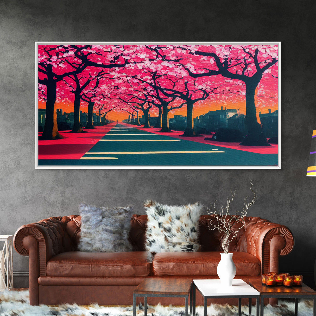 Street lined with Cherry Blossoms, Cherry Blossom Tree Art, Framed Canvas Print, Ready To Hang Wall Art, Framed Wall Art