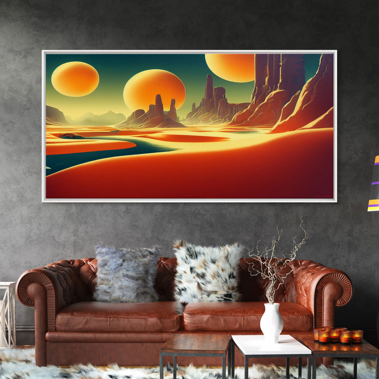 Trippy Art Deco Scifi Painting of an Alien World, Wall Decor, Ready To Hang Framed Canvas Print, Oversize Wall Art