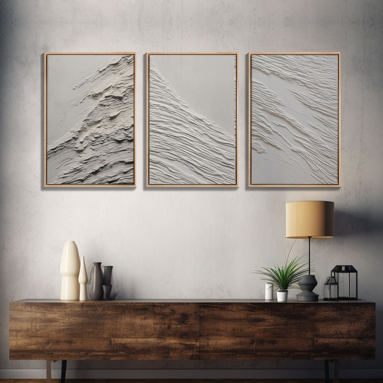 Triptych Framed Canvas Print Wall Art Set of 3, Modern Farmhouse, White Plaster Photography Art, 3 Panel Minimalist Wall Art, Boho Decor