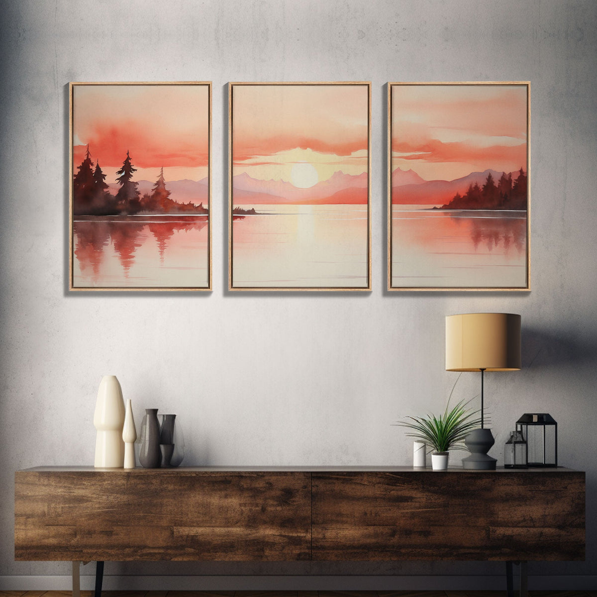 Beautiful Red Lake Sunset 3 Piece Framed Canvas Print Set, Above Sofa Art, Living Room Decor, Beautiful Wall Art, Watercolor Painting