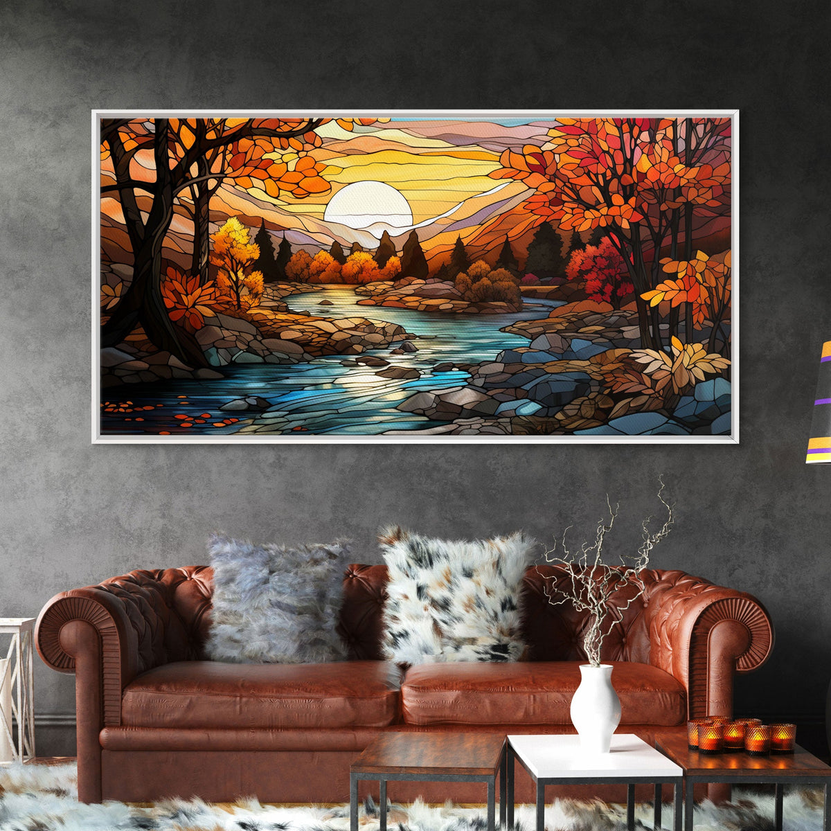 Stained Glass Style Wall Art Canvas Print Fall, Framed Wall Art, Seasonal Decor, Fall Seasonal Art, Fall Centerpiece Decor, Fall Home Decor