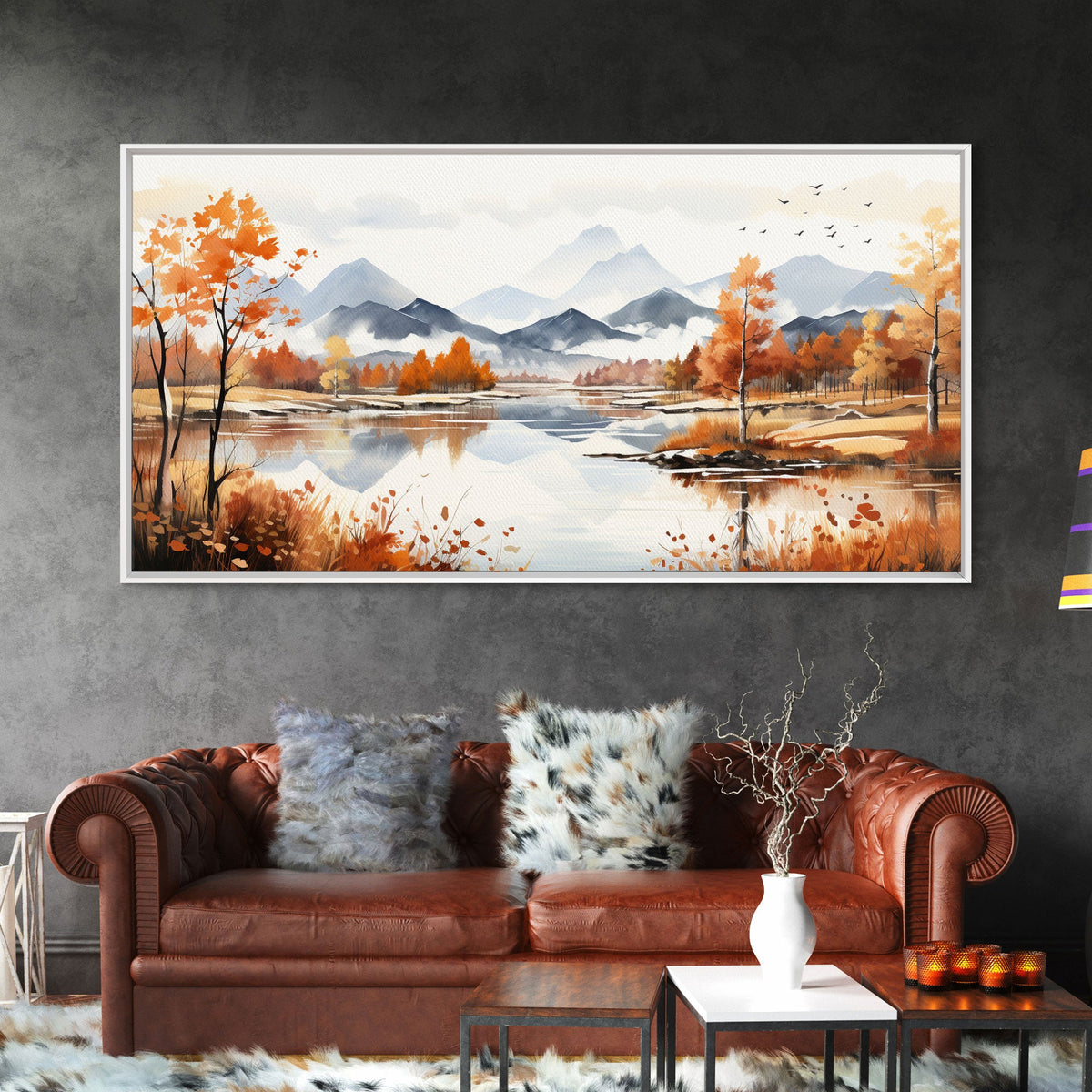 Panoramic Gold Brown Mountain Valley Watercolor Art Print On Canvas, Misty Rolling Hills Landscape Painting, Extra Large Wall Art