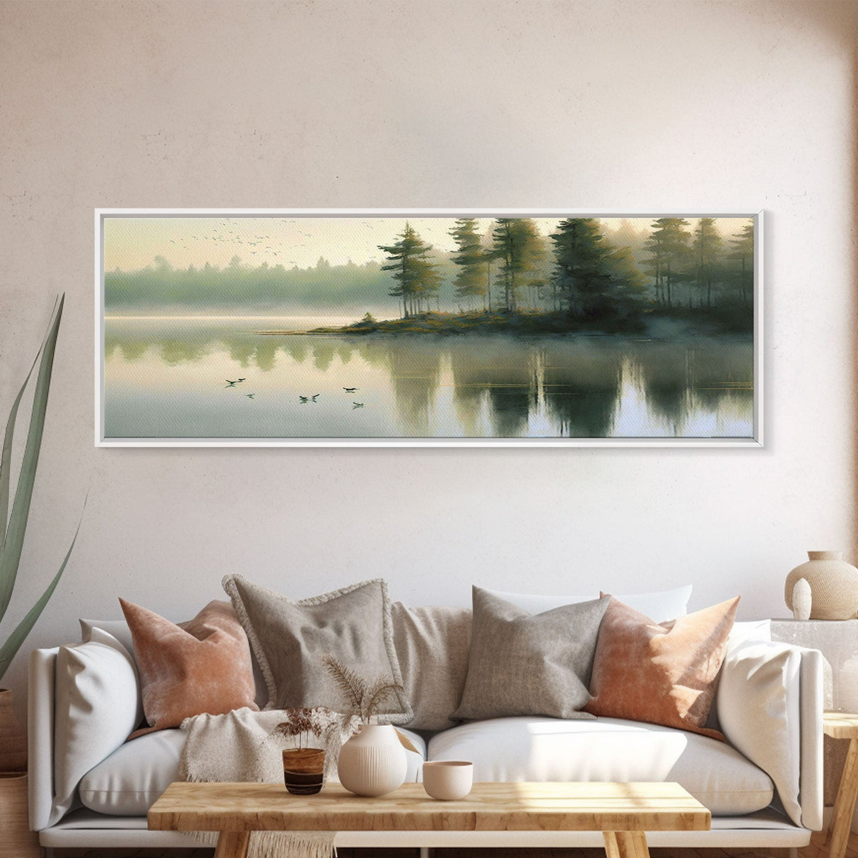framed lake landscape art, panoramic, framed wall art, living room wall decor, framed canvas, minimalist landscape, abstract landscape art