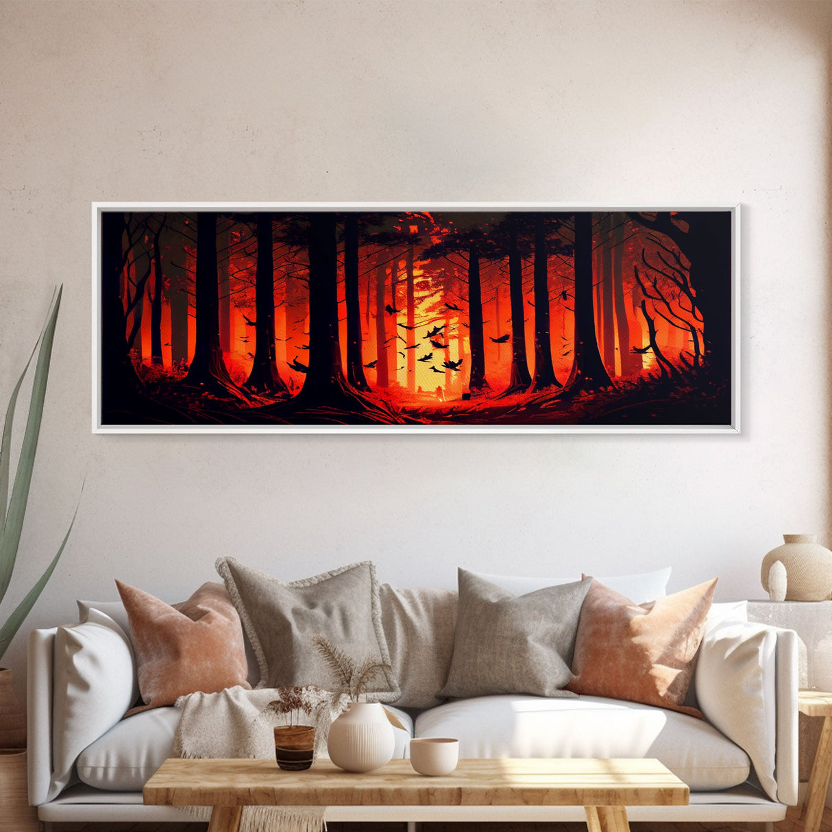 Forest Landscape Art, Forest Fire, Fall / Autumn Decor, Panoramic Wall Art, Framed Canvas Print, Orange and Yellow Fantasy Forest