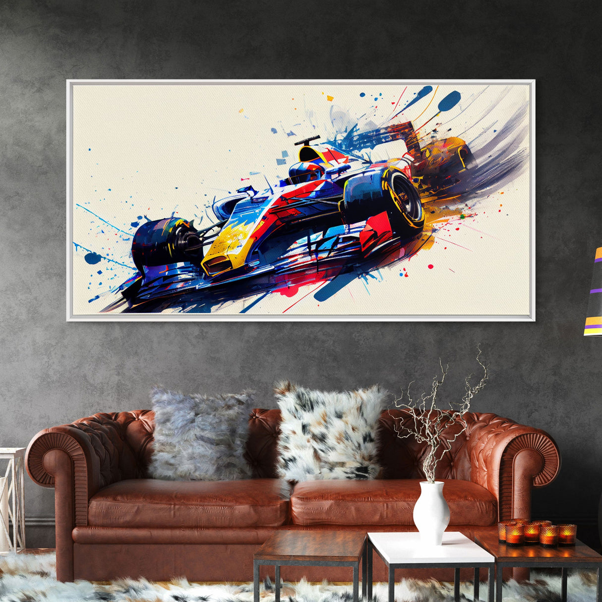 Graffiti Art, Formula One, F1 Race Car Splatter Paint Art, Framed Canvas Print
