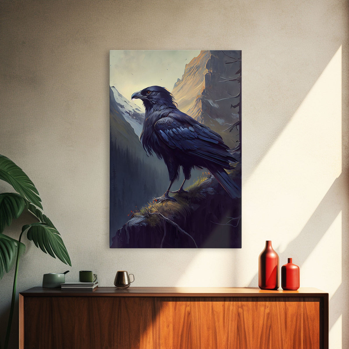 Portrait of a raven in the mountains, crow art, framed canvas print, framed wall art
